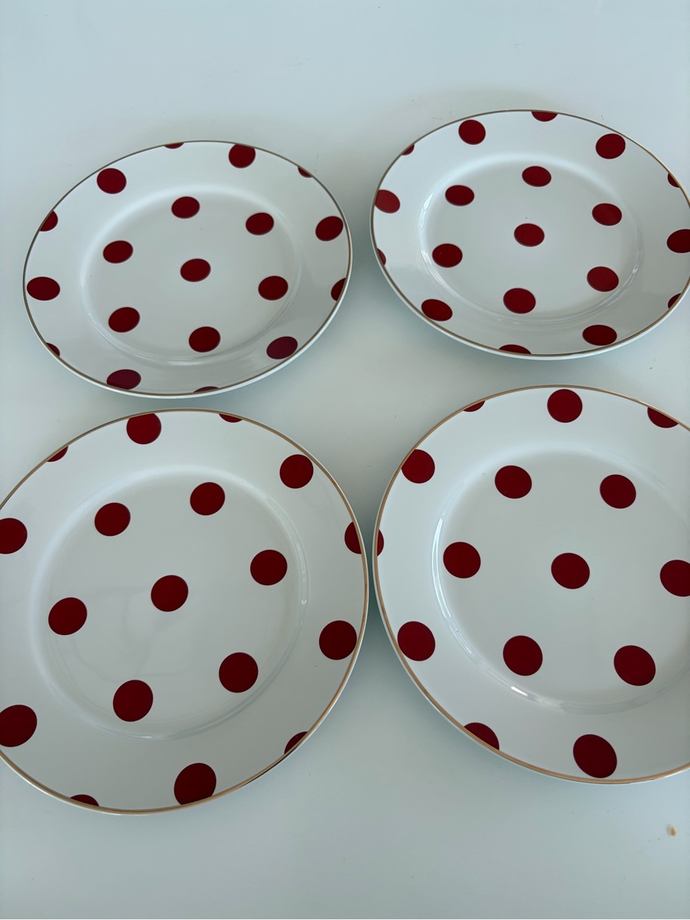 Rosanna White Dinner Plates with Red Polka Dots and Gold Rim - Set of 4